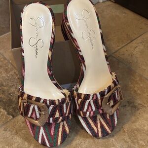 Jessica Simpson Red Multicolor Striped Buckle Mules
